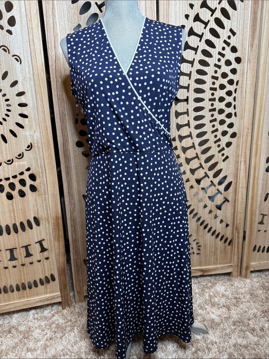 Leota Dresses & Skirts - Leota Navy and White Polka Dot Midi Wrap Dress